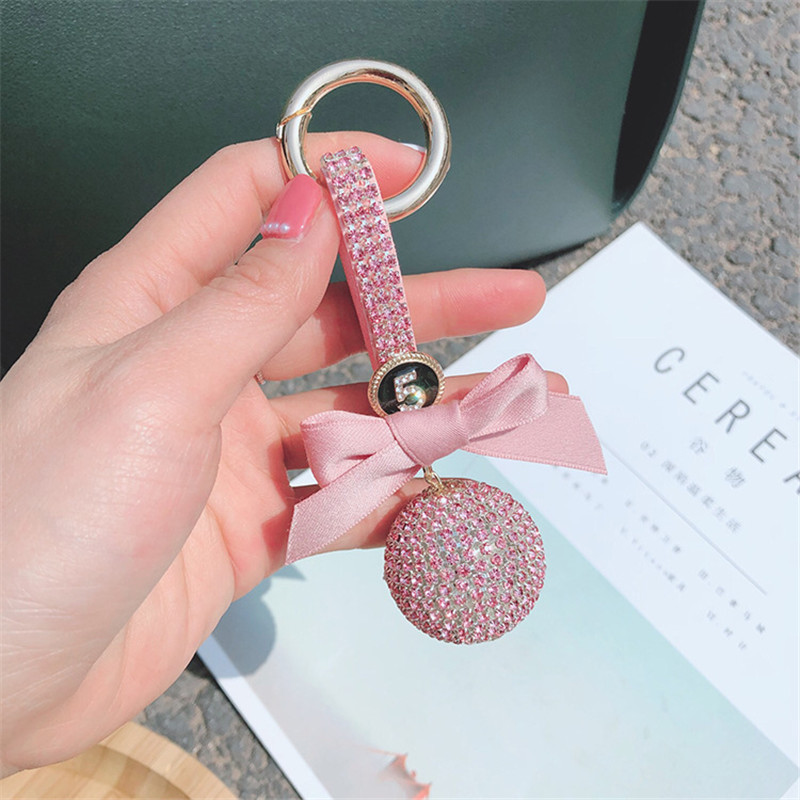 

Elegant Cute Rhinestone Crystal Ball Keychain Leather Strap Bowknot Car Key Chain Bag Charm Pendant Key Holder Jewelry Llavero