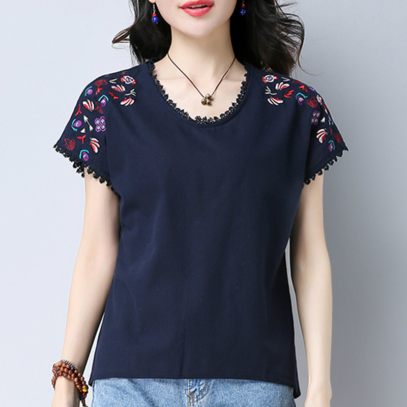 

summer women 2020 new blouses shirts fashion casual o-neck female ladies tops floral embroidery solid women clothing, White