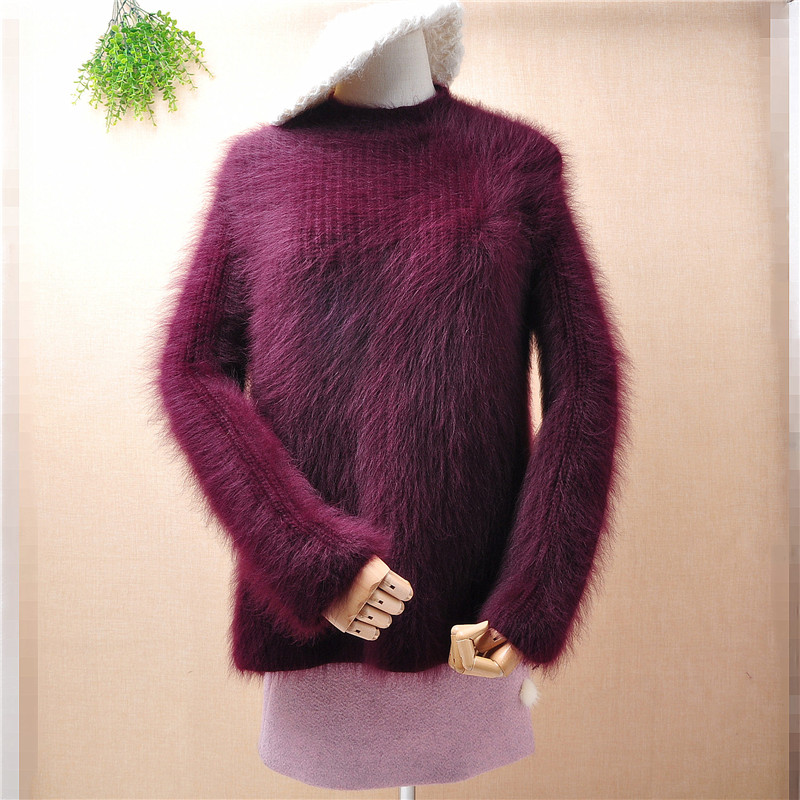 

top quality winter warm clothing hairy wine mink cashmere knitted striped loose slit tail pullover angora fur jumper sweater top, Body58cm chest100cm