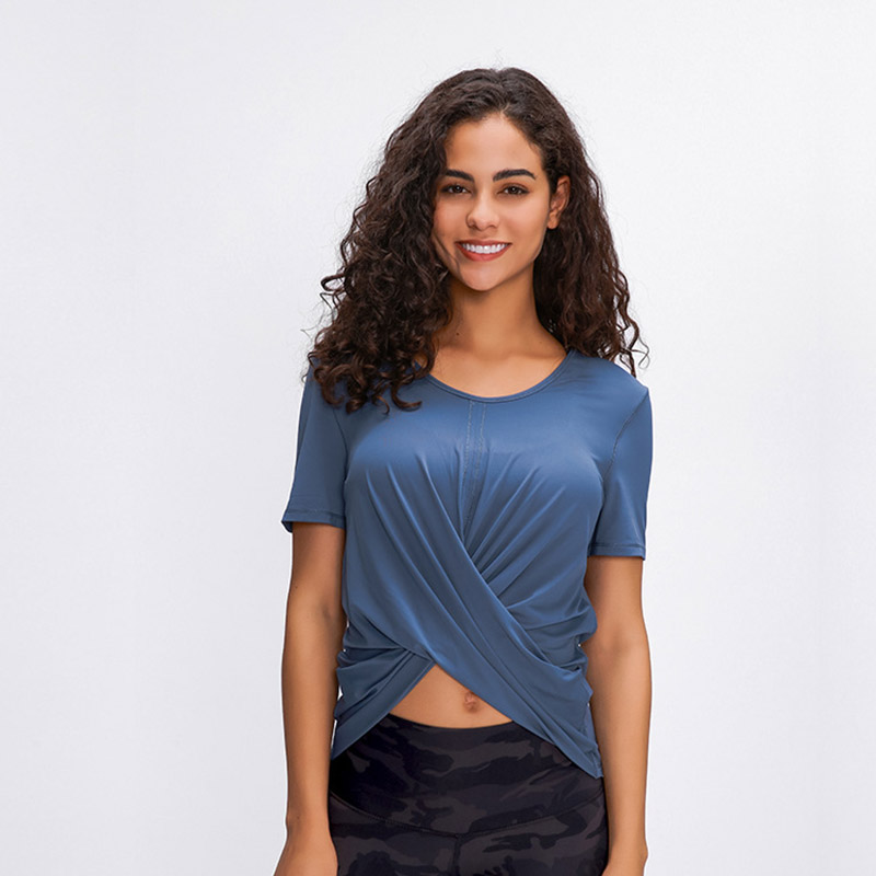 

Cross Front Nylon Workout Fitness T shirt Tops Short Sleeve Women Anti-sweat Plain Sport Shirt Gym Yoga Running Crop Tops, Black