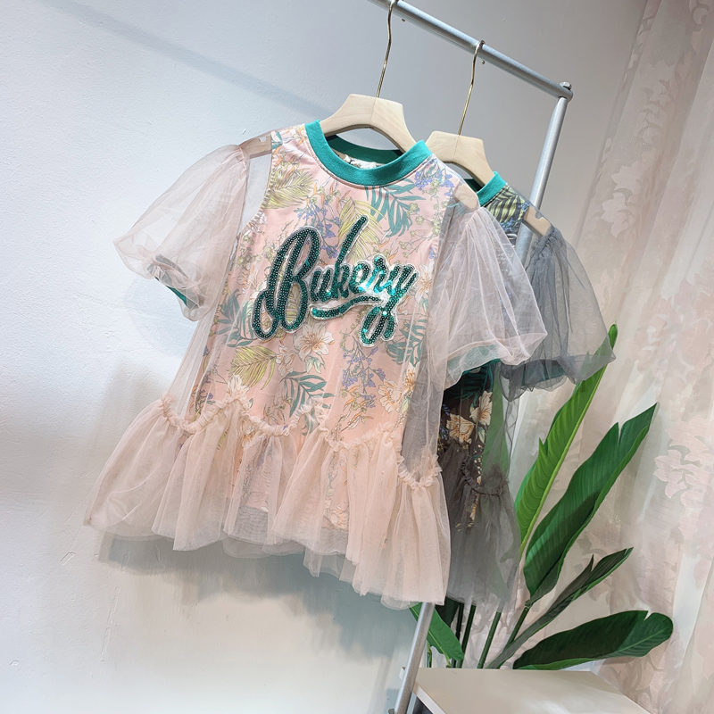 

Spring Summer girls dress Baby tutu dress kids Children clothes elegant sequin letter jungle mesh puff sleeve 4 to 14 yrs, Gray