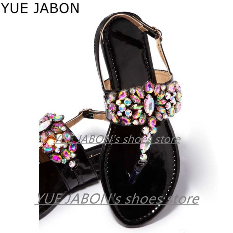 

Plus Size 43 Green Gold Black Rhinestones Chains Flat Sandals Thong Crystal Flip Flops sandals Ankle Wrap gladiator, As pictures
