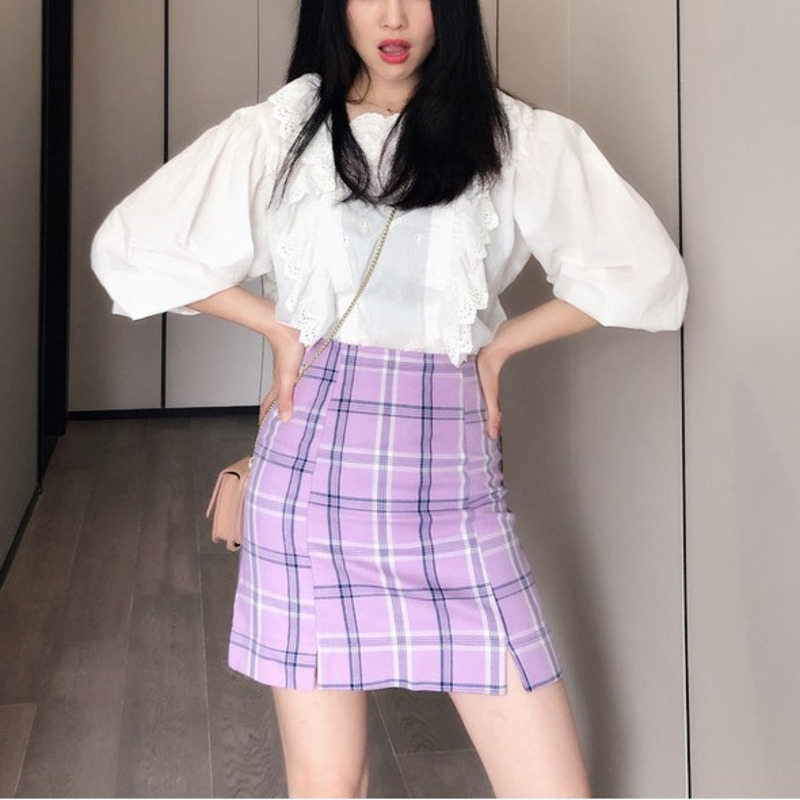 

Women Preppy Style Green Purple Plaid Skirts Shorts Summer High Waist Slit Green Plaided Culotte Slim Mini Skirt Super Size P565
