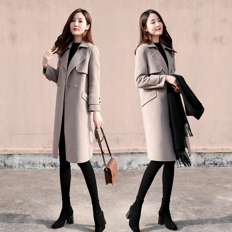 

Women' Woolen Coat Spring New Black Popular Double-breasted Lapel Mid-length Cocoon Beige Gray Cashmere Woolen Coat 2020 Z168