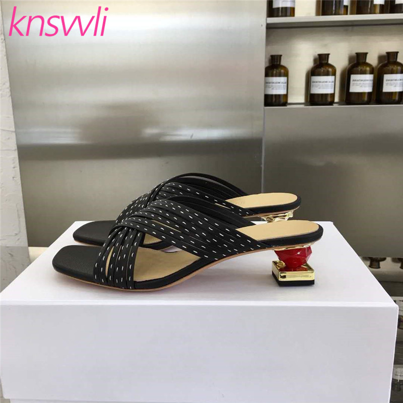 

Strange Style Heels Slippers Women Cross Band Mules Female Slides Asymmetric Mandarin Duck Heels Women Sandals Party Shoes, White