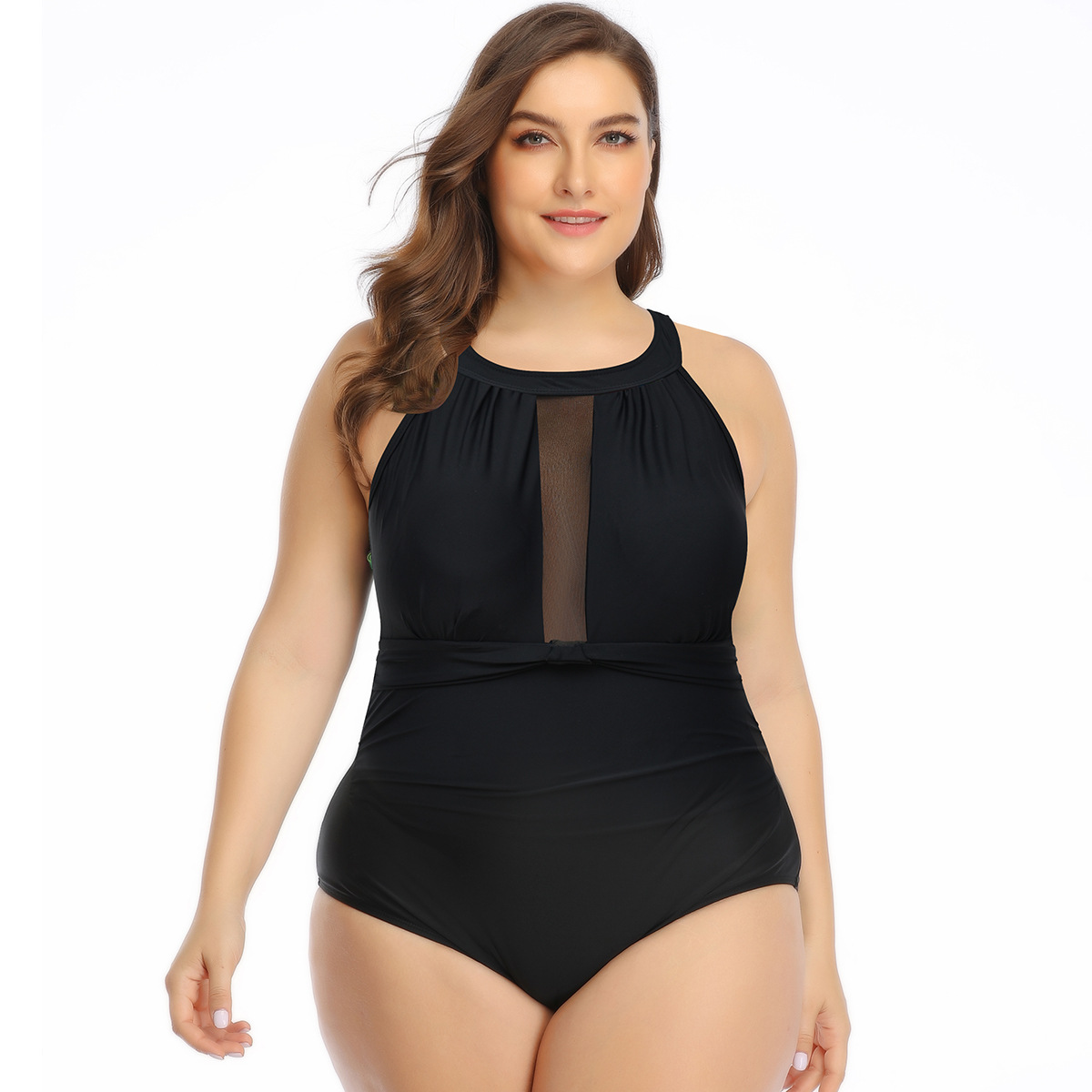

2020 Women One Piece Swimsuits Monokini Sexy Hollow Out Mesh High Neck Bathing Suit Women Black Beach Wear Plus Size 4XL