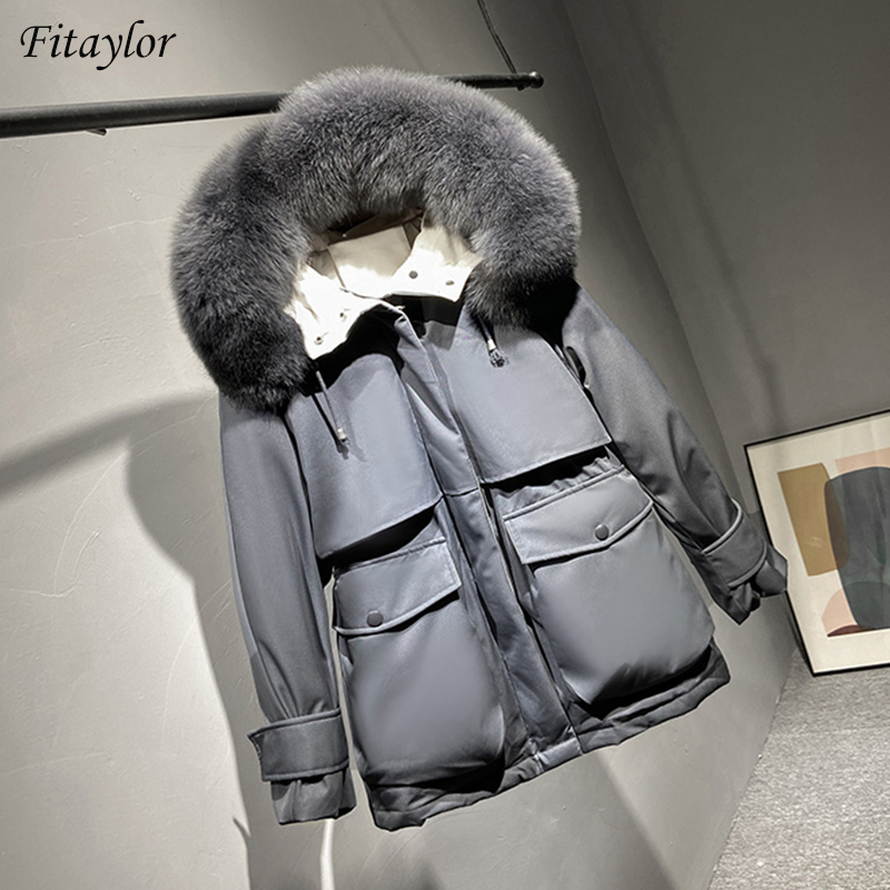 

Fitaylor New Winter Women Large Faux Fur Collar Down Coat Thickness Warm Hooded 90% White Duck Down Parkas Sash Tie Up Outwear, Faux fur black