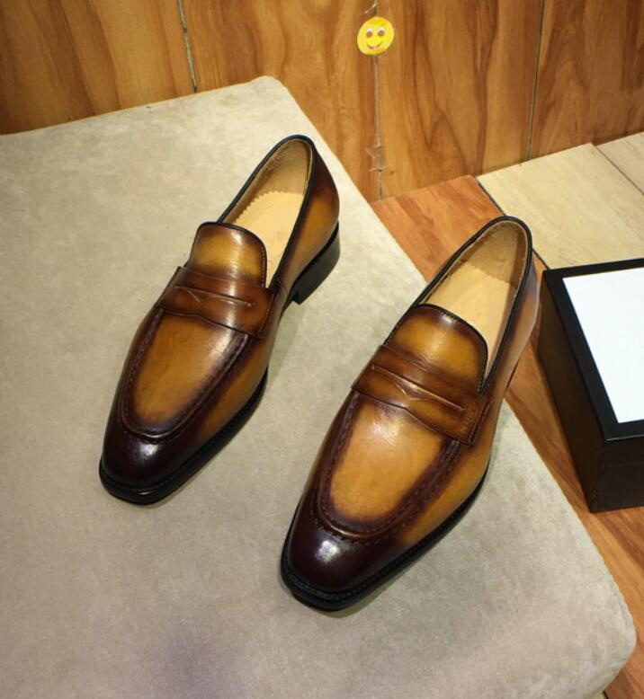 

Real leather Top Quality Male leisure dress shoe Slip-on calfskin brown business designer wedding shoes Zapatos 38