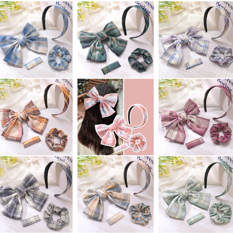 

5set/Lot New Fashion Large Bow Hairpin Spring Clip Cloth Fabric Lattice Hairband Scrunchies Set For Girls Hair Accessories, Set 4