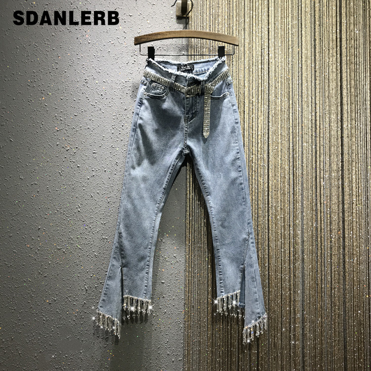 

Women Summer Autumn Water Drill Tassel Jeans New High-waist Open-forked Micro-Rack Body-building Jeans Nine-minute Denim Pants, Blue