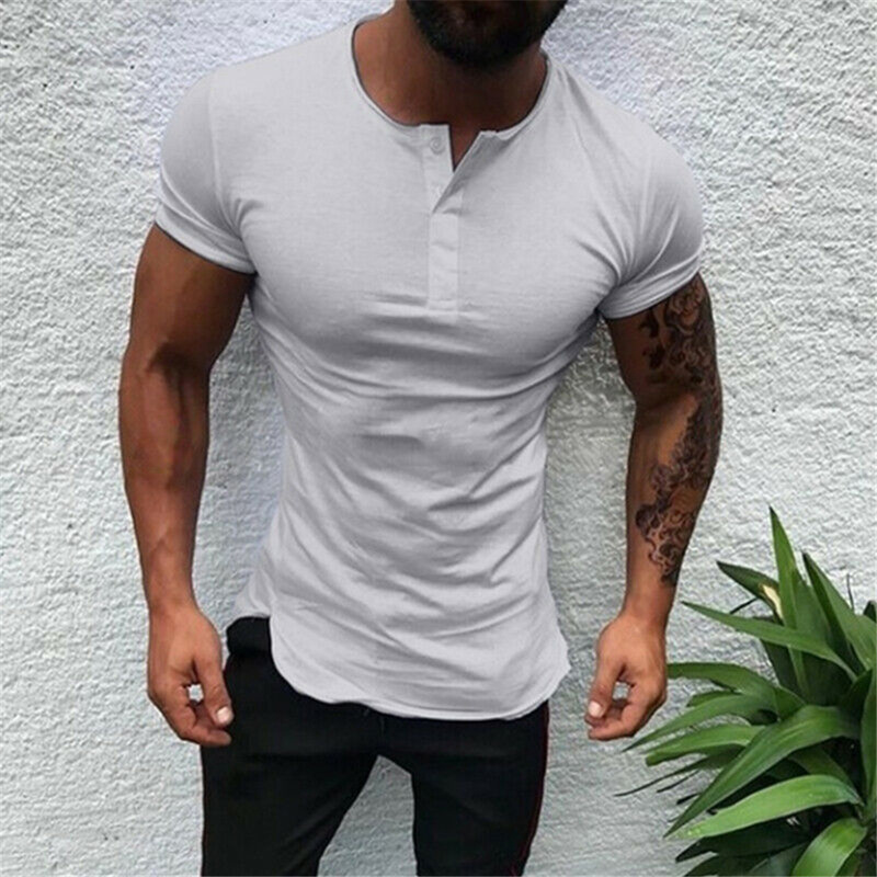 

Helisopus Men Short Sleeve T Shirt Slim Fit Buttons Tops Summer T Shirts Muscle Tees, White