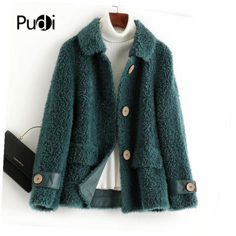 

PUDI women winter real wool fur coat oversize female warm jacket real sheep shearing fur coats lady jacket outerwear A50047, Green