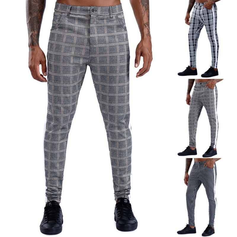 

Men pants fashion tide brand casual trousers men pencil pants striped lattice high elastic business casual, 01