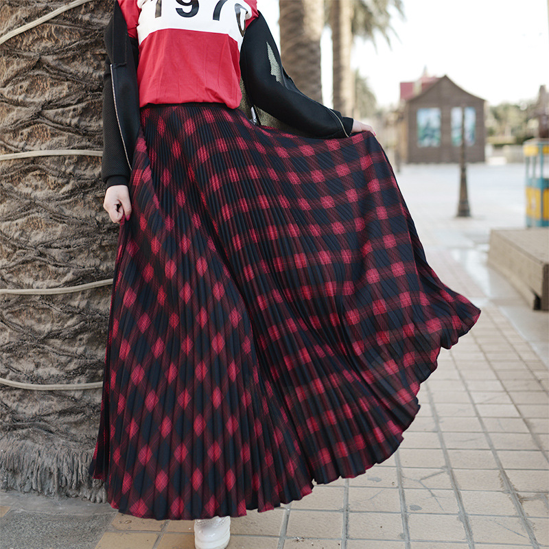 

Women Plaid Skirt Spring Summer A Line High Waist Long Pleated Maxi Skirts Femme, Color1