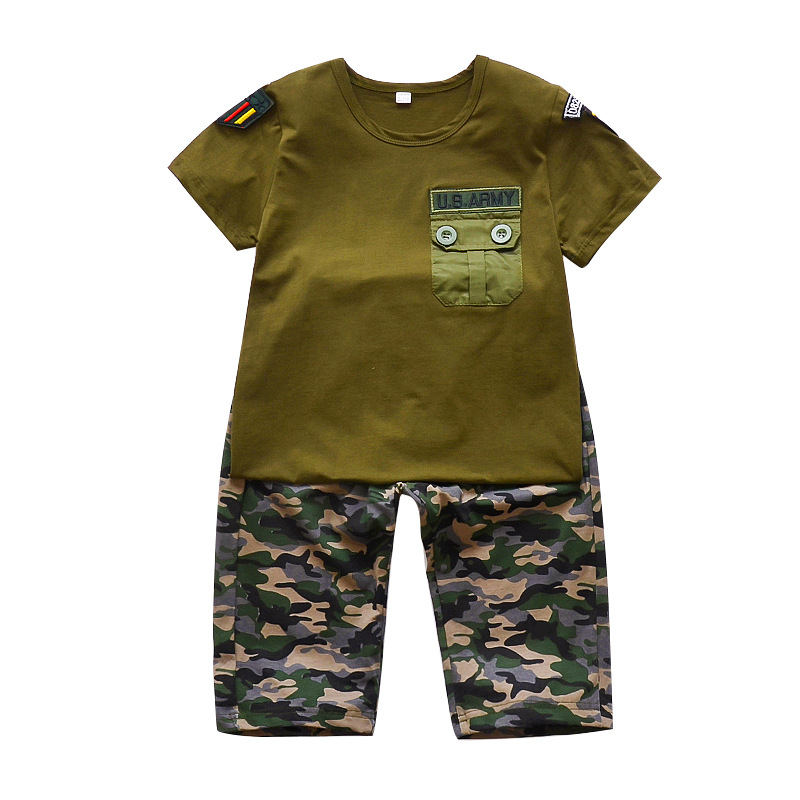 

Boys Girls Summer Camouflage Clothing Set Children Fashion Army Track Suit Teenagers Cotton T-Shirt + Shorts Clothes Set 11769, Army green