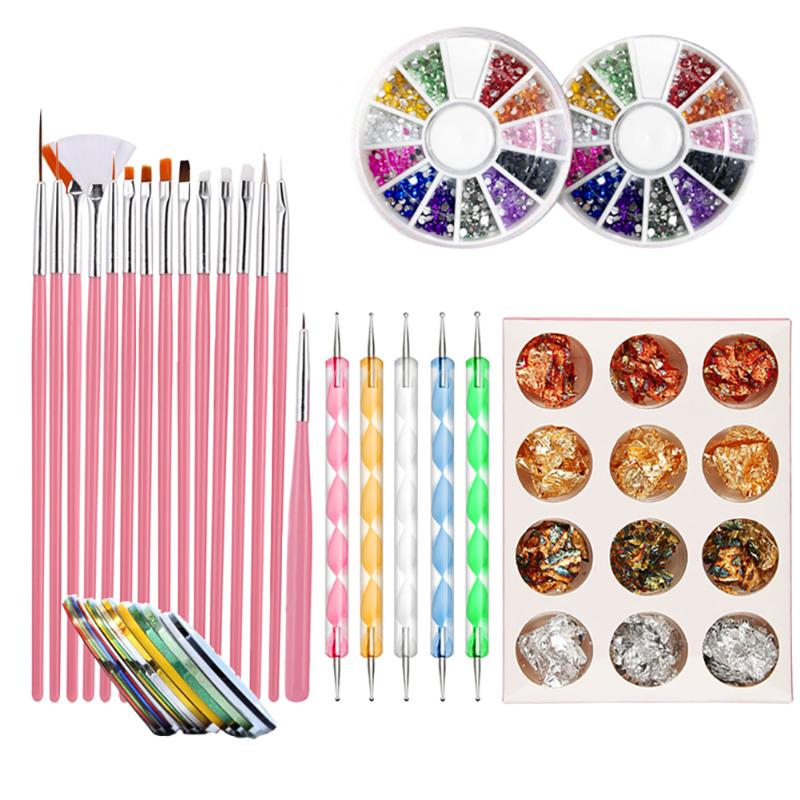 

44PCS Set Nail Art Design Tool With Painting Brushes Drawing Dotting Pen Striping Manicure Tape Rhinestones Foil Sticker