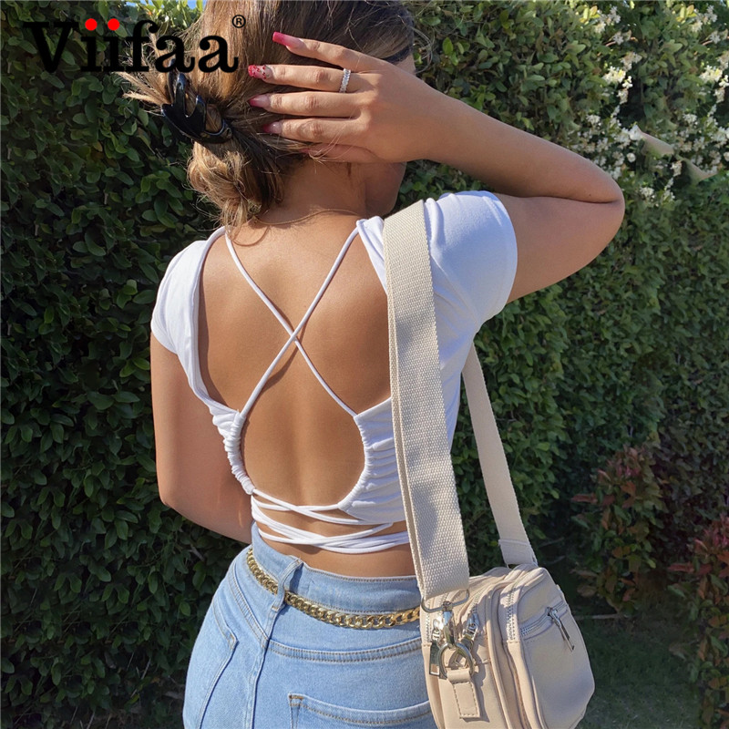 

Viifaa Criss Cross Self Tie Backless Sexy Party Crop Top Women Summer T Shirt Cotton O-Neck White Solid Basic Tshirts, Black