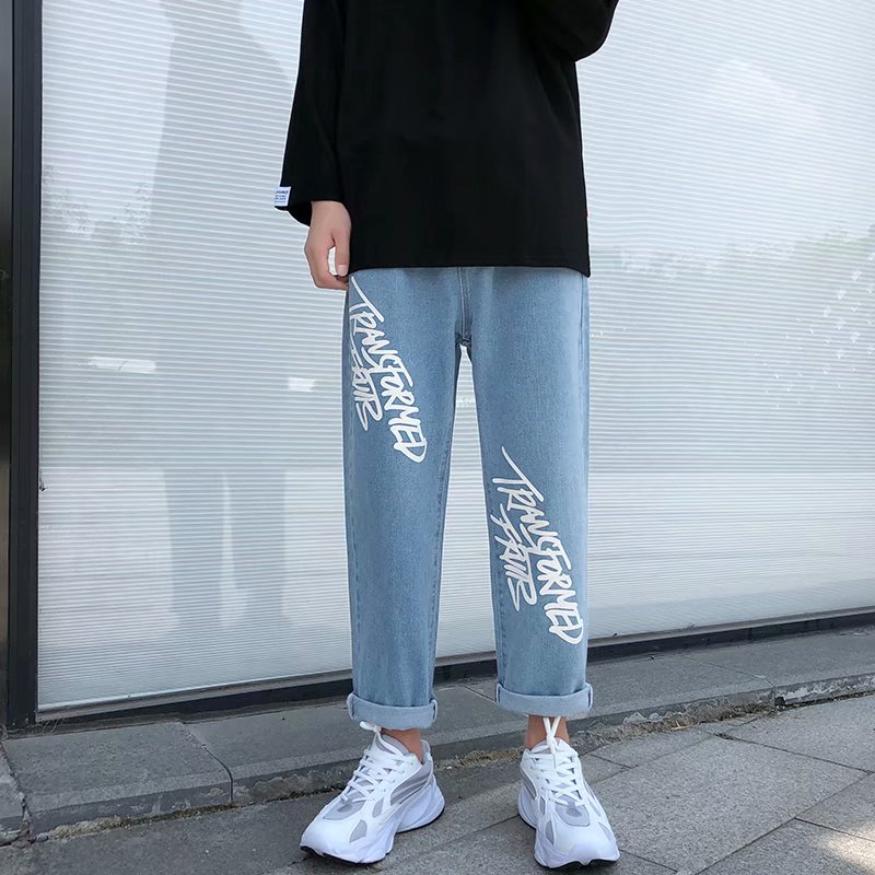 

Tide brand loose jeans male straight wide leg pants trend Korean version of graffiti printing students wild casual nine points p, As pic
