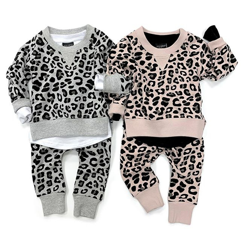 

Newborn Kid Baby Girls Boys Clothes Long Sleeve Pullover Leopard Sweatshirts+Pants Leggings Tracksuits Outfits Cotton Clothes, Gray