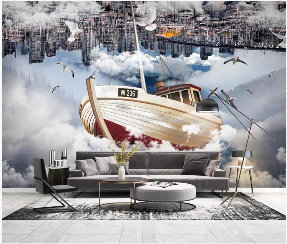 

custom photo mural on the wall 3d wallpaper City building sailing boat cloud sky home decor 3d wall murals wallpaper for living room, Non-woven