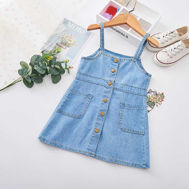 

Girls Suspender Denim Dresses Kids Jeans Vest Dress for Girls Single-breasted Strap Dress Sundress Sunmmer Casual Baby Infantis