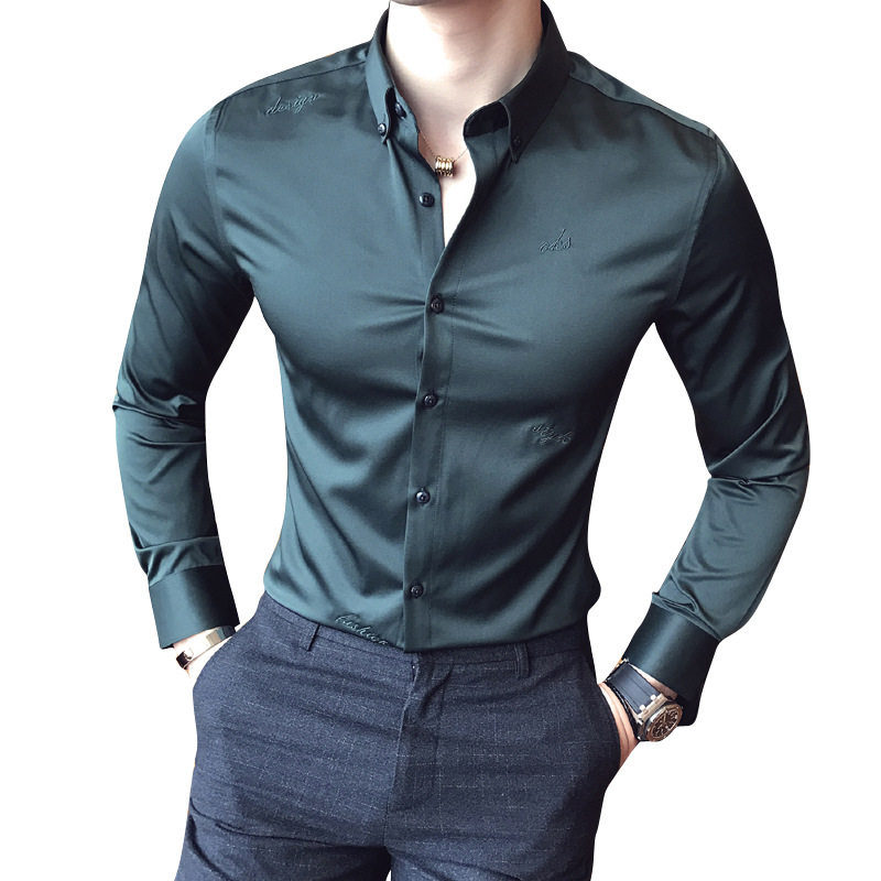 

Men's Shirt letters embroidery 2020 Fashion Men Personality Casual Shirts Slim Long Sleeve Shirt Men Solid Shirts Top Blouse, 1015 black