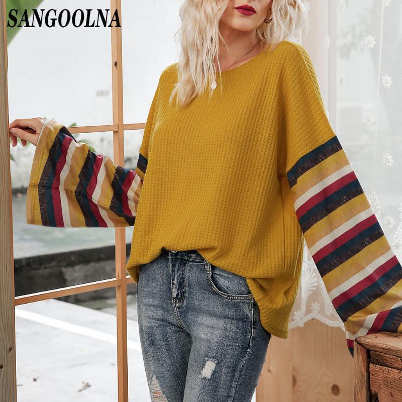 

2020 Boho Blouse Elegant Floral Print Flare Sleeve Shirt Sexy Striped Print Long Sleeve Women Tops Spring Autumn Chic Blouses, Black