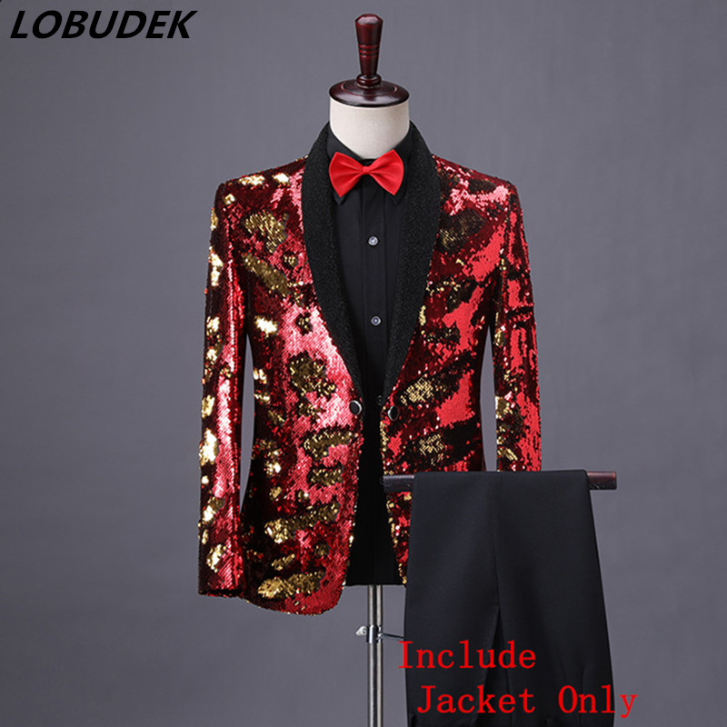 

Shiny Red Flip Sequins Shawl Collar Tuxedo Sequined Coat Men Wedding Groom Singer Prom Glitter Suit Jackets DJ Club Stage Blazer, Blue