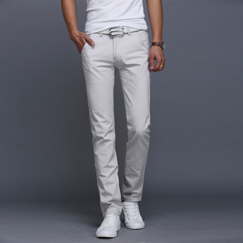 

Pants Men Casual Skinny Solid Color Straight Trousers Slim Male 89% Cotton, Sky blue