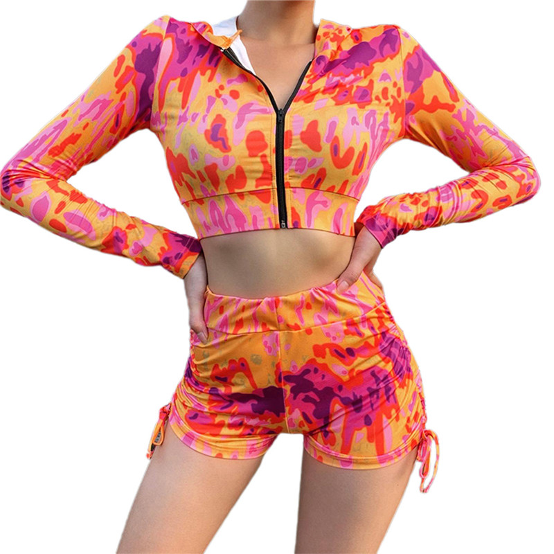 

2 Pcs Women Print Sport Outfits Gym running Long Sleeve Zipper Hooded Crop Top High Waisted Shorts with Side Drawstring, Multi