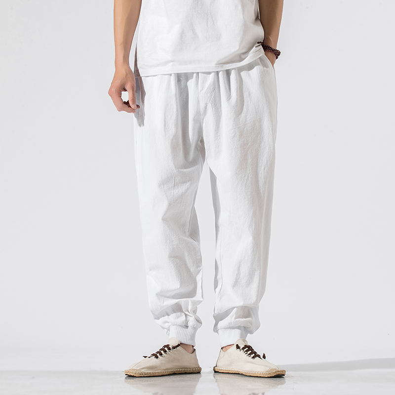 

Men Cotton Linen Casual Harem Pants Joggers Man Summer White Trousers Male Chinese Style Baggy Pants 2020 New Y2568, Black