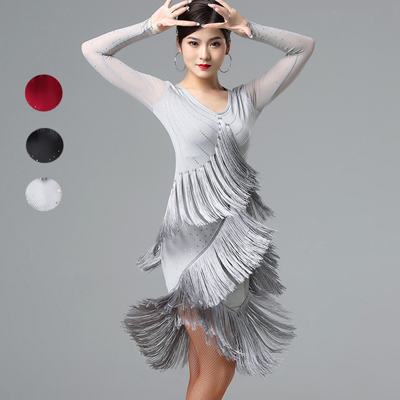 

New latin dance dress female dance dress new performance cha rumba fringe latin competition dresses, Black