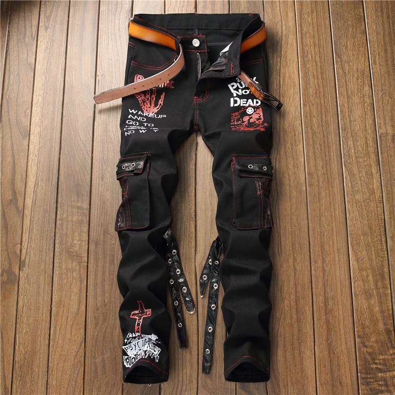 

New Men's Denim Jeans Men's Pants Moto Jeans Slim Fit Straight Denim Pants Distressed Trousers, Black