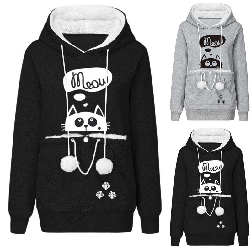 

Autumn Winter Women Hoodies Fashion Gray Black Long Sleeve Sweatshirts Cute Cartoon Cat Pattern Warm Hoodies