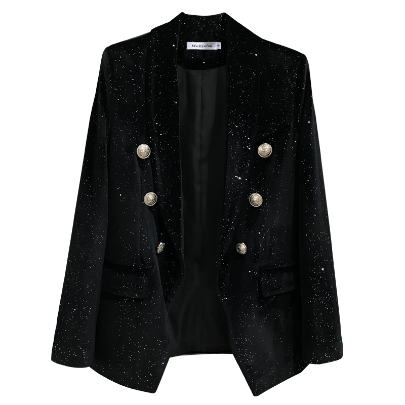 

Shiny Velvet Women Blazers and Jackets Double Breasted Fashion Notched High Street Korean New 2020 Autumn Jacket Women, Black