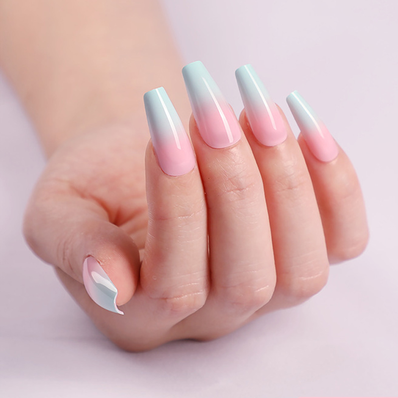 

24pcs Pink Green Color Gradient Long Style Ballet Fake Nails press on Fresh Girl Daily wearable full coverfake nails coffin, As show