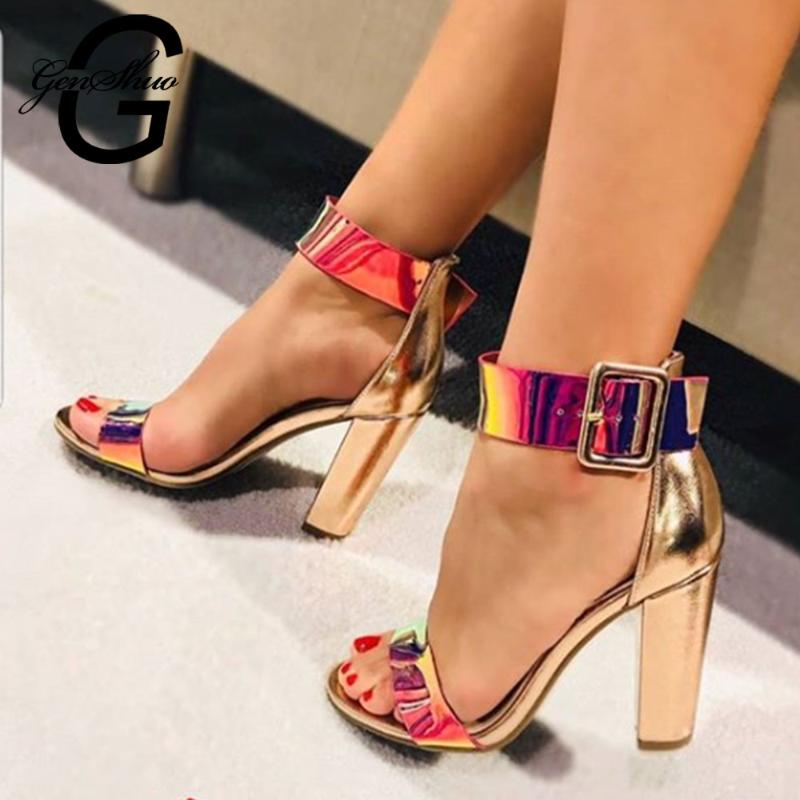 

GENSHUO Chunky Heel Women Ankle Strap Gladiator Sandals Women's Summer Shoes Fashion Female Sandalias Cover Heel Party Shoes, Gold