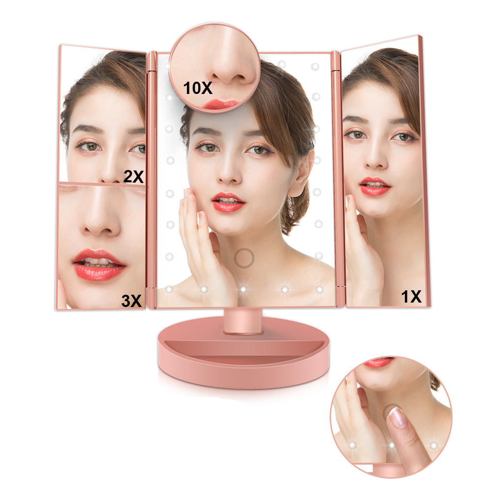 LED Makeup Mirror with 22 Lights Touch Screen Magnifying Mirrors 3 Folding Adjustable Mirror-image-554165424