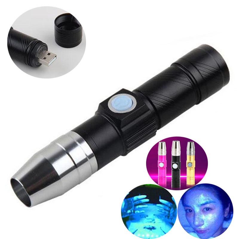 

365nm Led UV Usb rechargeable Torch Light Ultra Violet lamp Blacklight UV Fluorescent Lamp For Money Cash detection