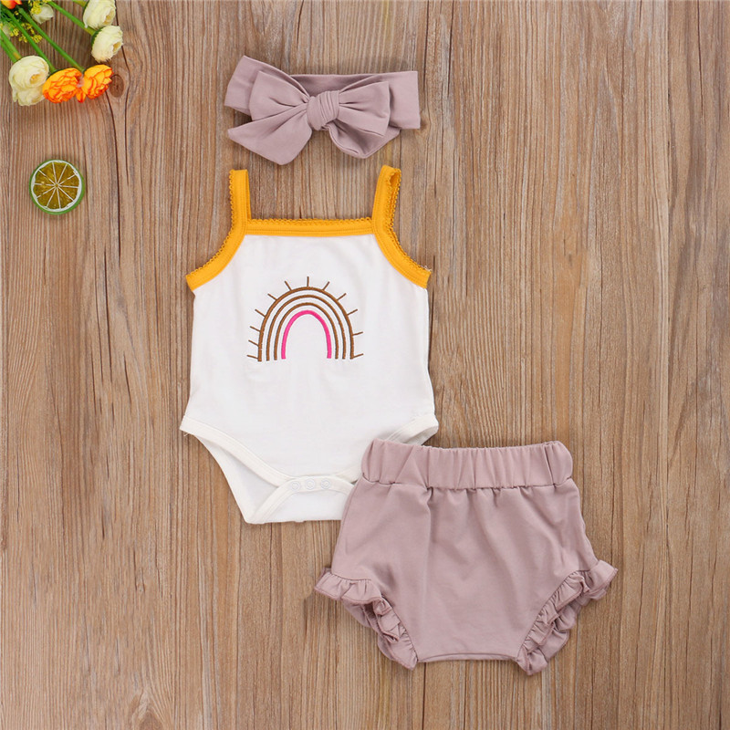

2020 summer Newborn Toddler Kids Baby girls casual set sleeveless off shoulder romper shorts set cotton clothing sunsuit Outfit, As the picture