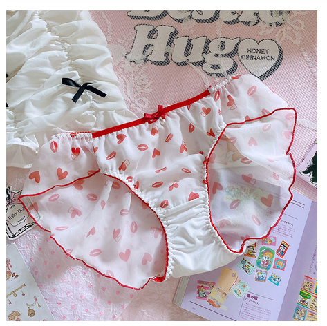 

Soft Girl Cute Sexy Lolita Love Ruffles Chiffon Panties Comfortable High Waist Transparent Underwear Women's Briefs /L, Red