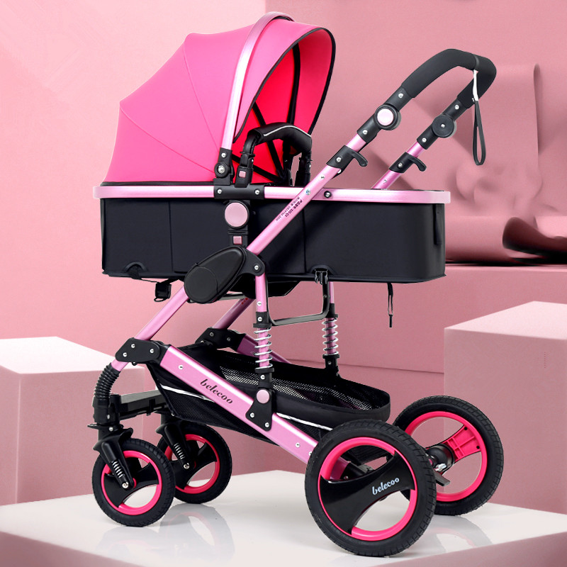 

Belecoo Lightweight Luxury Baby Stroller 3 in 1 Portable High Landscape Reversible Stroller Hot Mom Pink Travel Pram