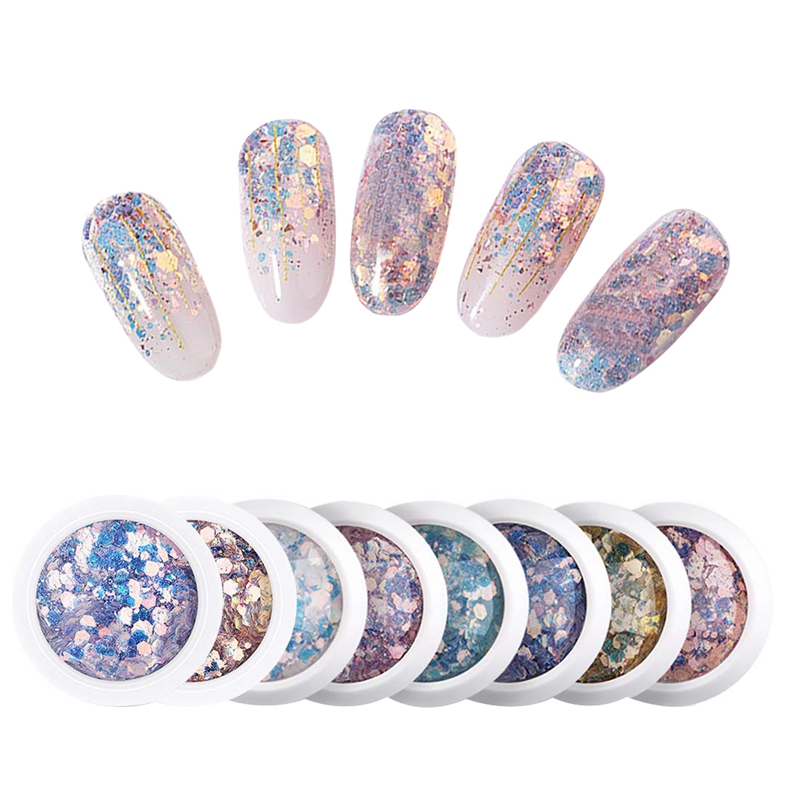 

Holographic Nail Art Sticker Kit Iridescent Nail Sequins Colorful Flakes Glitter Make Up for Face Body Eyes-8Colors, White