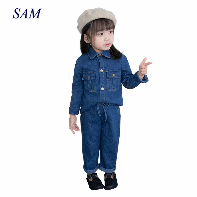

Girls autumn denim clothing sets autumn children's lapel solid color jacket + pants two suit kids fashion clothes, As pic