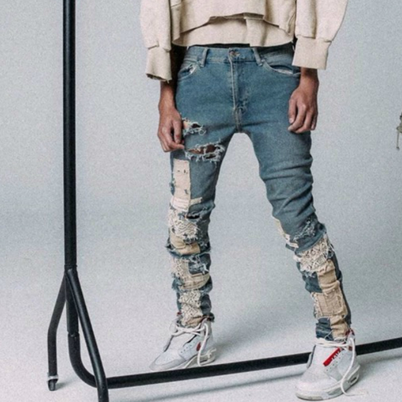 

Washed Blue Slim Lace Jeans Deconstructed Patchwork Jogger Men Streetwear