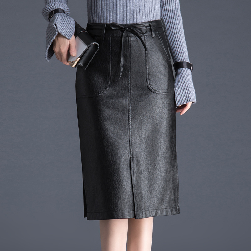 

Skirts NORMOV Autumn Winter Women Skirt Sexy Faux Leather High Waist Bag Hip Pocket Black Female Plus Size PU Femme