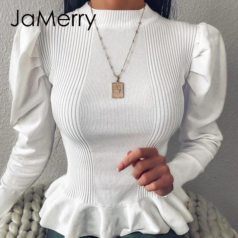

JaMerry elegant women' round neck solid white Long Sleeve Pullover Sweater Autumn winter female sweater ladies leisure jumper, Ivory