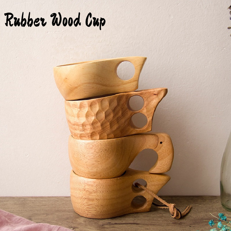 

Nordic Style 4 Kinds Rubber Wood Tea Cups with Handles Kuksa Wooden Coffee Mugs with Rope Two Holes Handmade Portable Drinking Water Bottles, Wood color