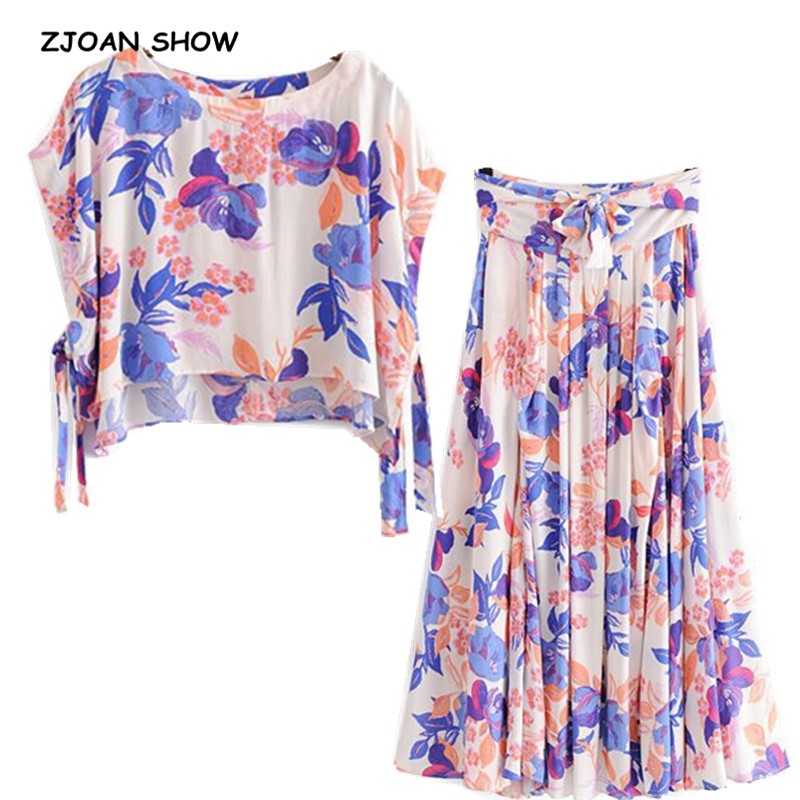 

2020 New Summer Cotton Flower Print Shirt Tide Bow Waist Swing Skirt Vintage Women Short sleeve Pullover Tee Tops 2 Pieces Set, Lavender