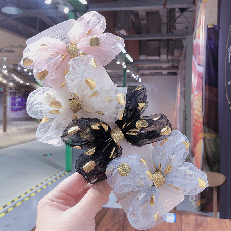 

2020 Spring Korea Children Simple Beautiful Gold Dot Yarn Bow Duckbill Clip for Girl Princess Fashion Hair Rope Hair Accessories